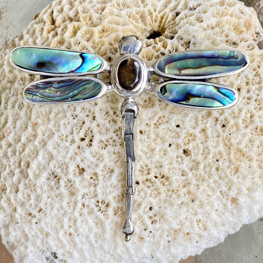 PD 10995 B-AB-SM-(HANDMADE 925 BALI SILVER DRAGONFLY PENDANT WITH SMOKEY AND ABALONE)